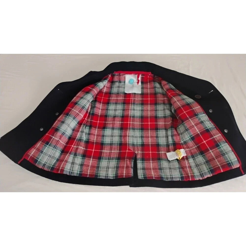 Mini Boden Boy's Navy Wool Pea Coat 7-8 Yr GC Plaid Flannel Lining Preppy Rare